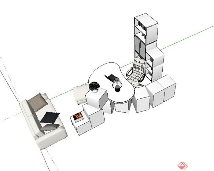 现代简约风格室内办公桌椅与沙发组合设计SU模型(3)