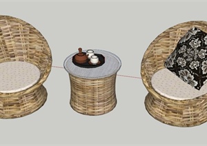 庭院木编休闲桌椅设计SU(草图大师)模型