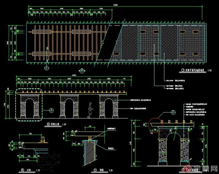 plans 新古典风格景观廊架设计施工图,包括立面图,平面图,剖面图