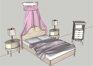简欧女儿房床及床头柜SU(草图大师)模型