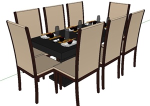 现代简约风格8人座餐桌椅组合SU(草图大师)模型