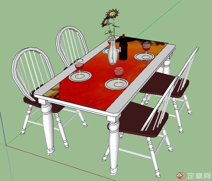简约现代四人餐桌椅su模型(1)