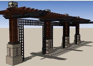 中式风格木制单边廊架设计SU(草图大师)模型