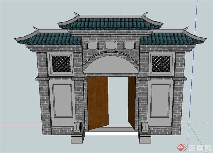 古典中式风格建筑门楼门廊设计SU模型(1)