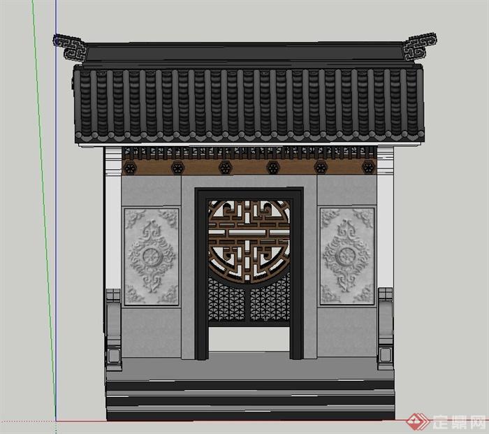 古典中式建筑大门与面墙组合设计SU模型(1)