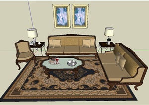 某欧式风格客厅沙发茶几组合设计SU(草图大师)模型