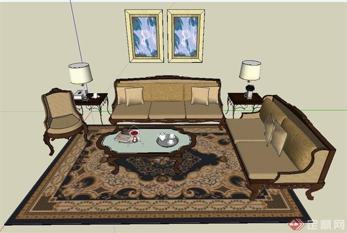某欧式风格客厅沙发茶几组合设计SU模型(1)