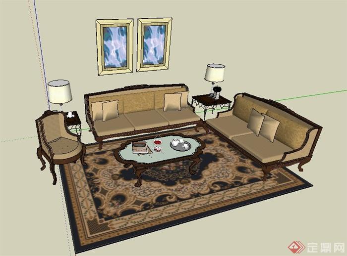 某欧式风格客厅沙发茶几组合设计SU模型(2)