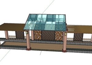 园林景观节点玻璃廊架与木廊架组合设计SU(草图大师)模型