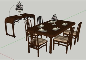 中式风格木质五人餐桌椅设计SU(草图大师)模型