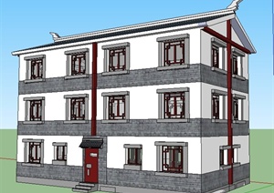 现代新中式风格三层办公楼建筑SU(草图大师)模型