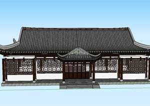 古典中式长方形单层茶室建筑设计SU(草图大师)模型
