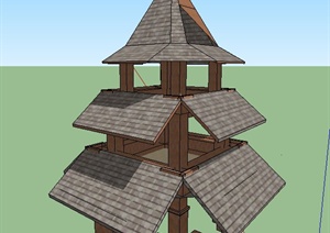 园林景观三层塔楼建筑设计SU(草图大师)模型