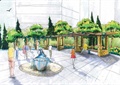 喷泉水景,地面铺装,花架,常绿乔木