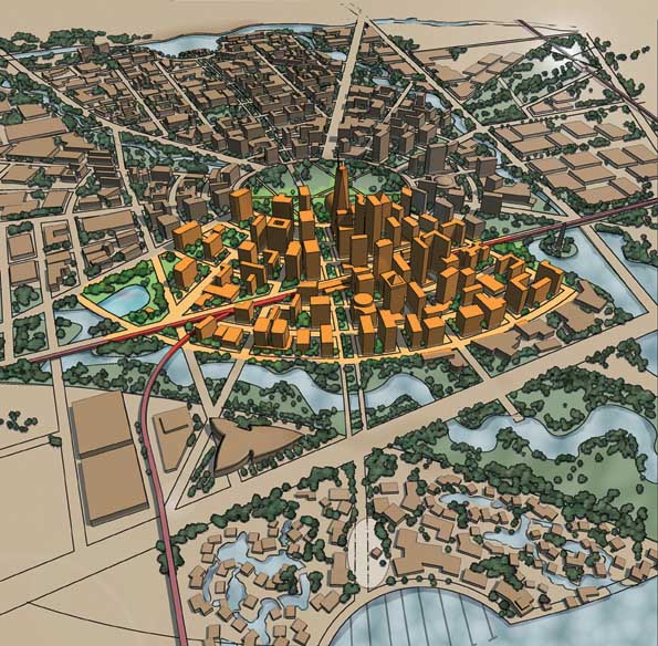 城市规划,综合建筑,河流景观,植被
