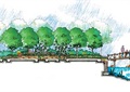 常绿乔木,竹林,园桥,坐凳,道路景观
