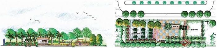 小游园植物配置图,景墙,坐凳,植被,地面铺装