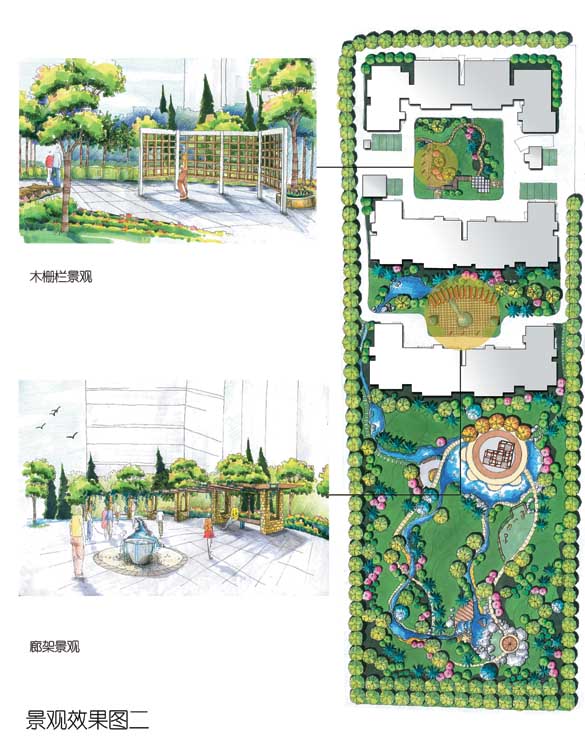 住宅景观规划,木栅栏,喷泉水景,花架,水体景观