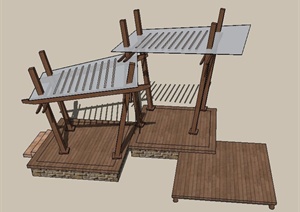 现代木平台及玻璃木亭SU(草图大师)模型
