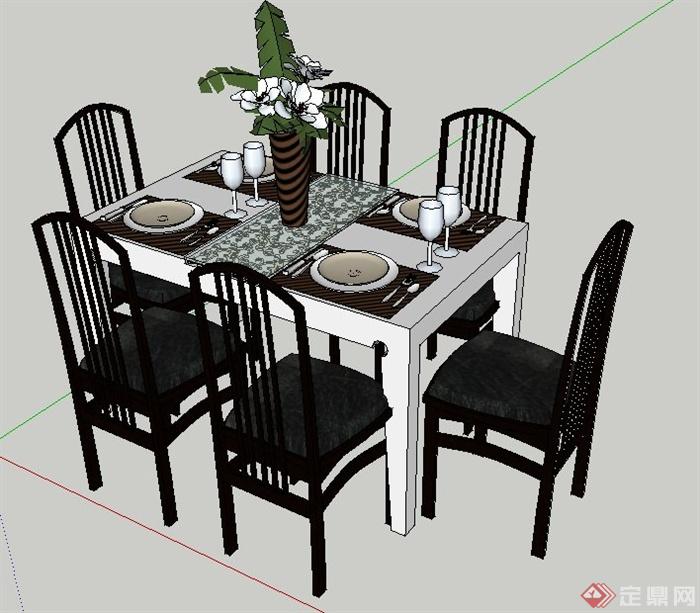 现代风格六人座餐桌椅组合su模型(1)