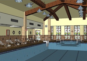 现代某单层泳池会所室内设计SU(草图大师)模型