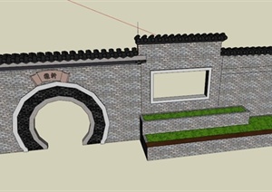 中式拱门景墙围墙设计SU(草图大师)模型