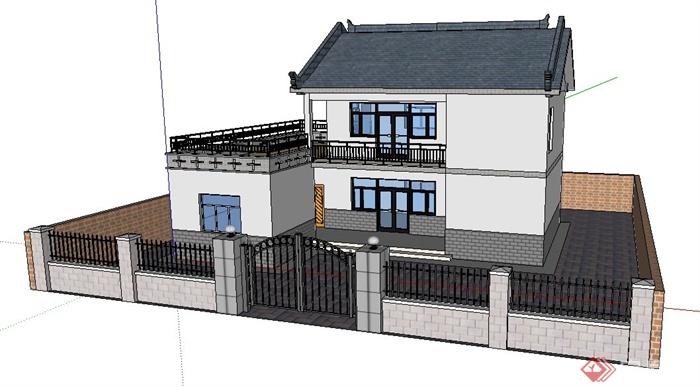 中式风格二层庭院民居住宅建筑设计su模型(1)