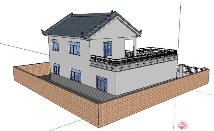 中式风格二层庭院民居住宅建筑设计su模型(3)
