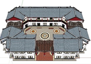 古典中式两层四合院建筑设计SU(草图大师)模型