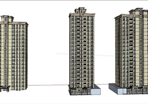 三栋高层电梯房住宅楼建筑设计SU(草图大师)模型