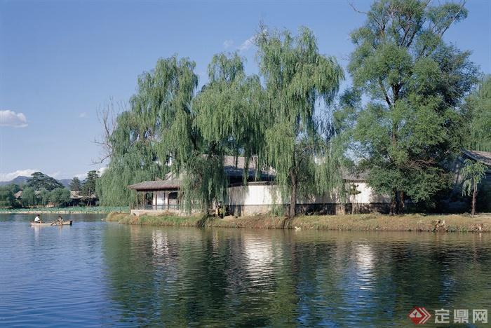 湖水景观,常绿乔木,古建筑,避暑山庄垂柳