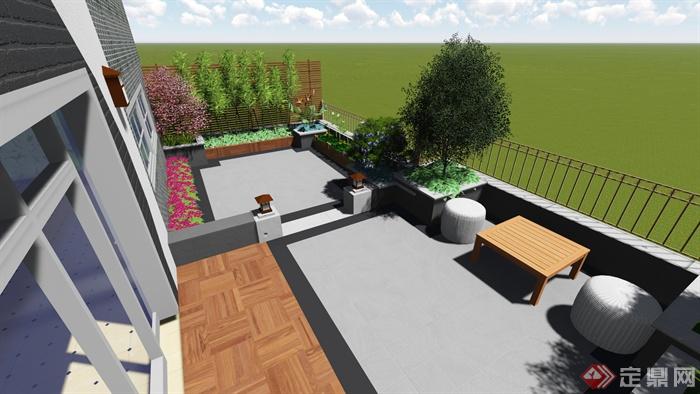 桌凳组合,树池,栏杆,木平台,屋顶花园