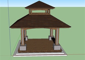 园林景观节点木质四角重檐亭子设计SU(草图大师)模型