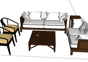 一组中式风格沙发茶几组合家具设计SU(草图大师)模型