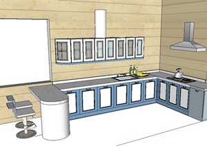 现代简约厨房橱柜吧台设计SU(草图大师)模型