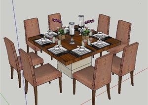现代风格八人座方形餐桌椅SU(草图大师)模型