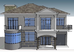 现代某两层坡屋面别墅建筑设计SU(草图大师)模型