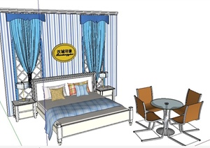 现代简约床、床头柜、背景墙组合SU(草图大师)模型