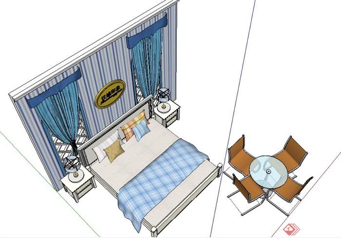 现代简约床、床头柜、背景墙组合su模型(3)