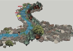山间溪流叠水景石景观SU(草图大师)模型