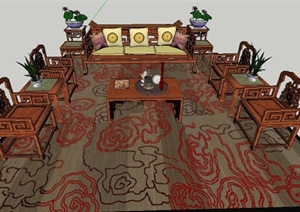 中式风格沙发茶几经典组合SU(草图大师)模型