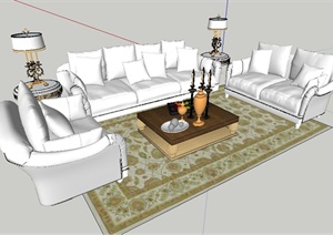 欧式风格白色沙发茶几组合SU(草图大师)模型