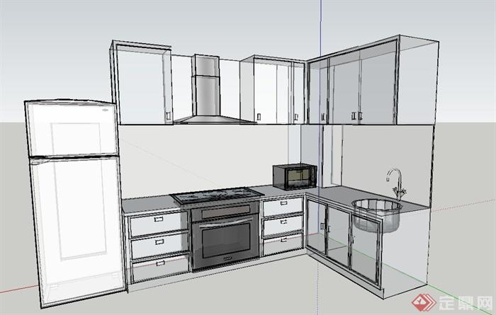 现代室内厨房橱柜、冰箱、餐具设计SU模型(1)