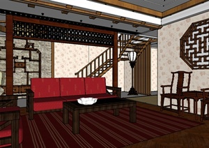 中式风格复式住宅室内设计SU(草图大师)模型