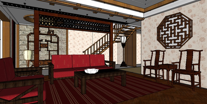 中式风格复式住宅室内设计su模型