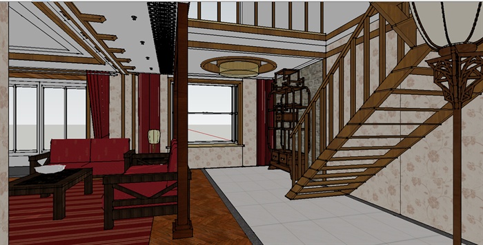 中式风格复式住宅室内设计su模型