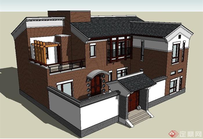 二层混搭风格乡村别墅建筑设计su模型(1)