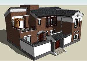 二层混搭风格乡村别墅建筑设计SU(草图大师)模型
