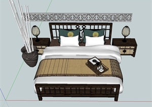 中式风格室内床、床头柜等组合设计SU(草图大师)模型