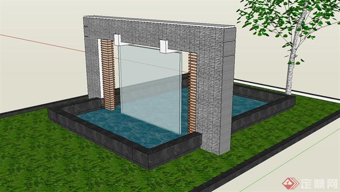 园林景观节点玻璃水景墙设计SU模型(2)